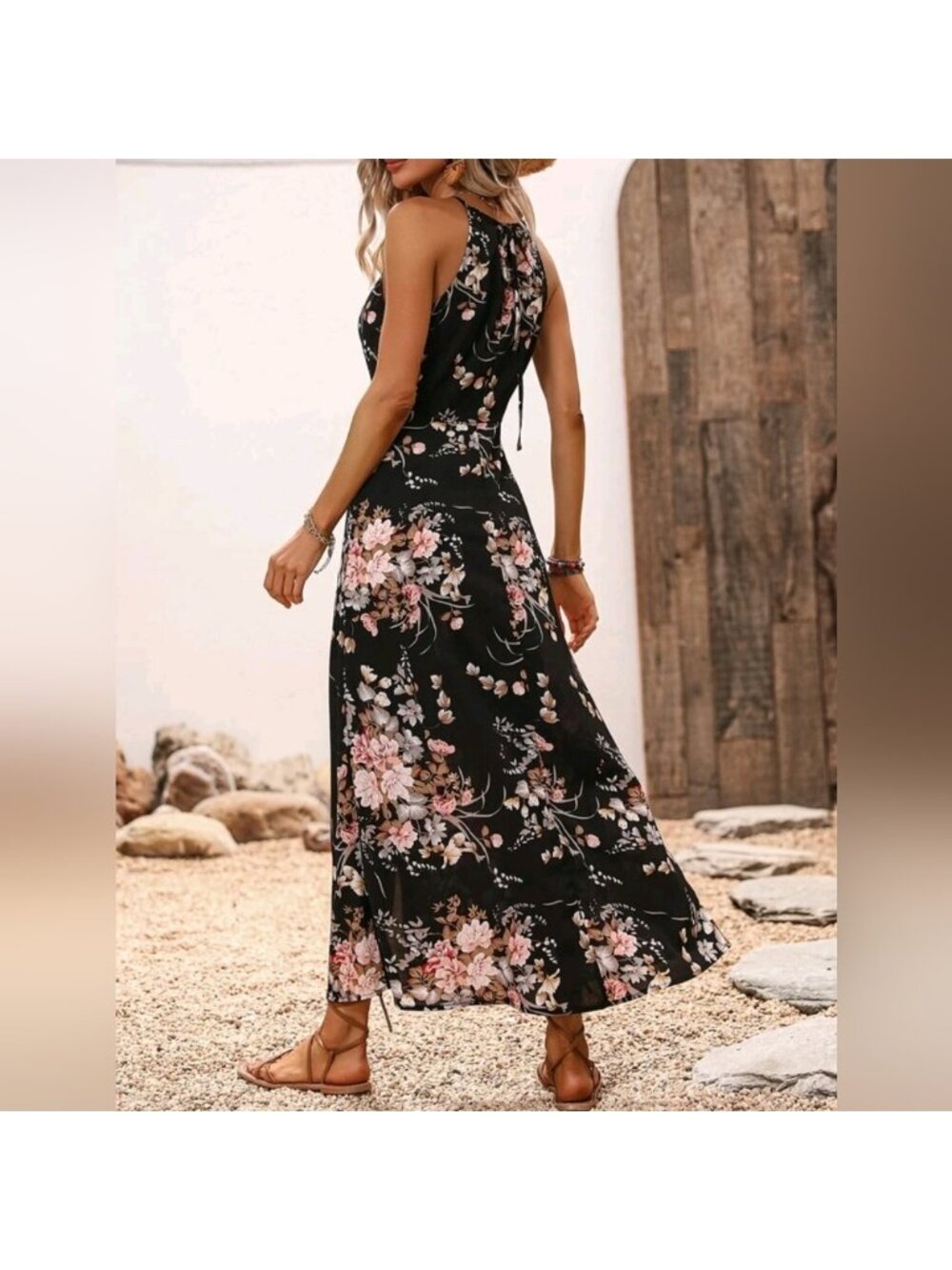 New Boho Floral Tie Halter Long Split Dress Black Pink - Picture 3 of 8
